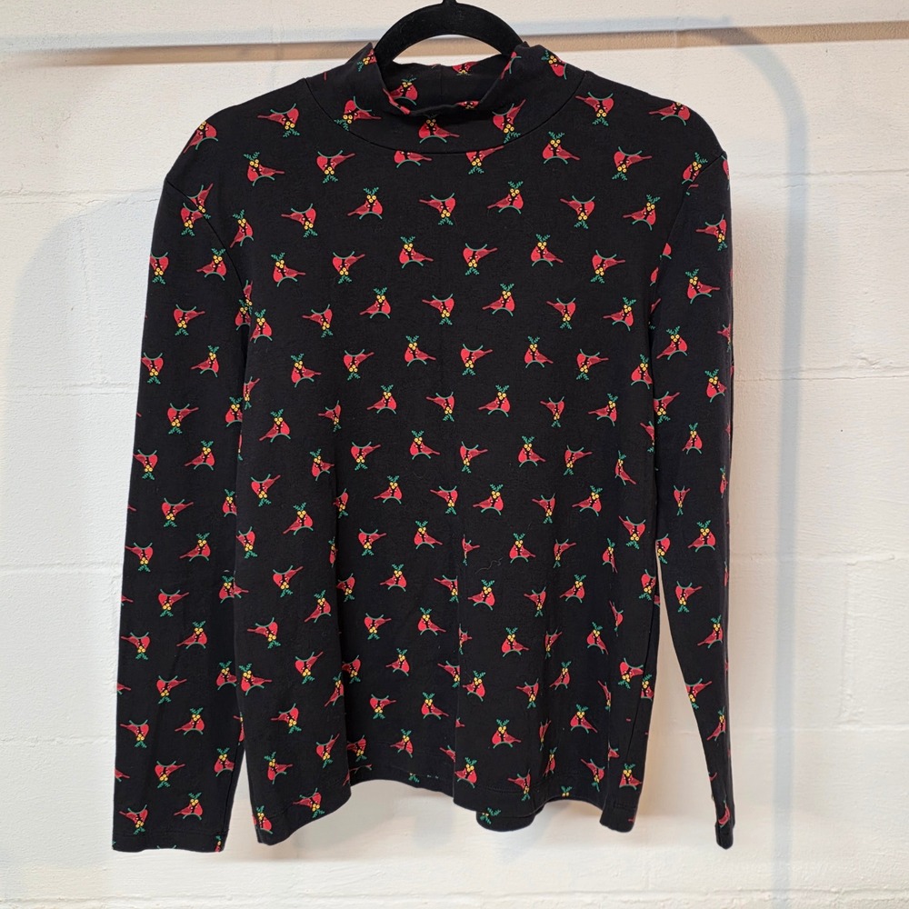 Croft & Barrow Womens Black Cardinal Mistletoe Mock Neck Long Sleeve Top Medium